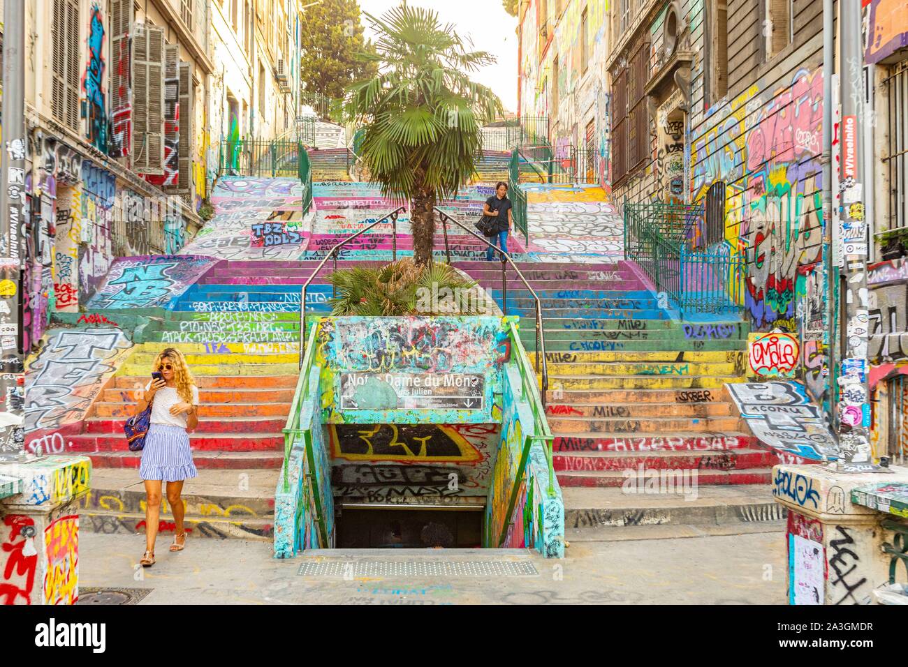Francia, Bouches du Rhone, Marsiglia, il Cours Julien scalinata, Arte di strada con tagg e graffiti Foto Stock