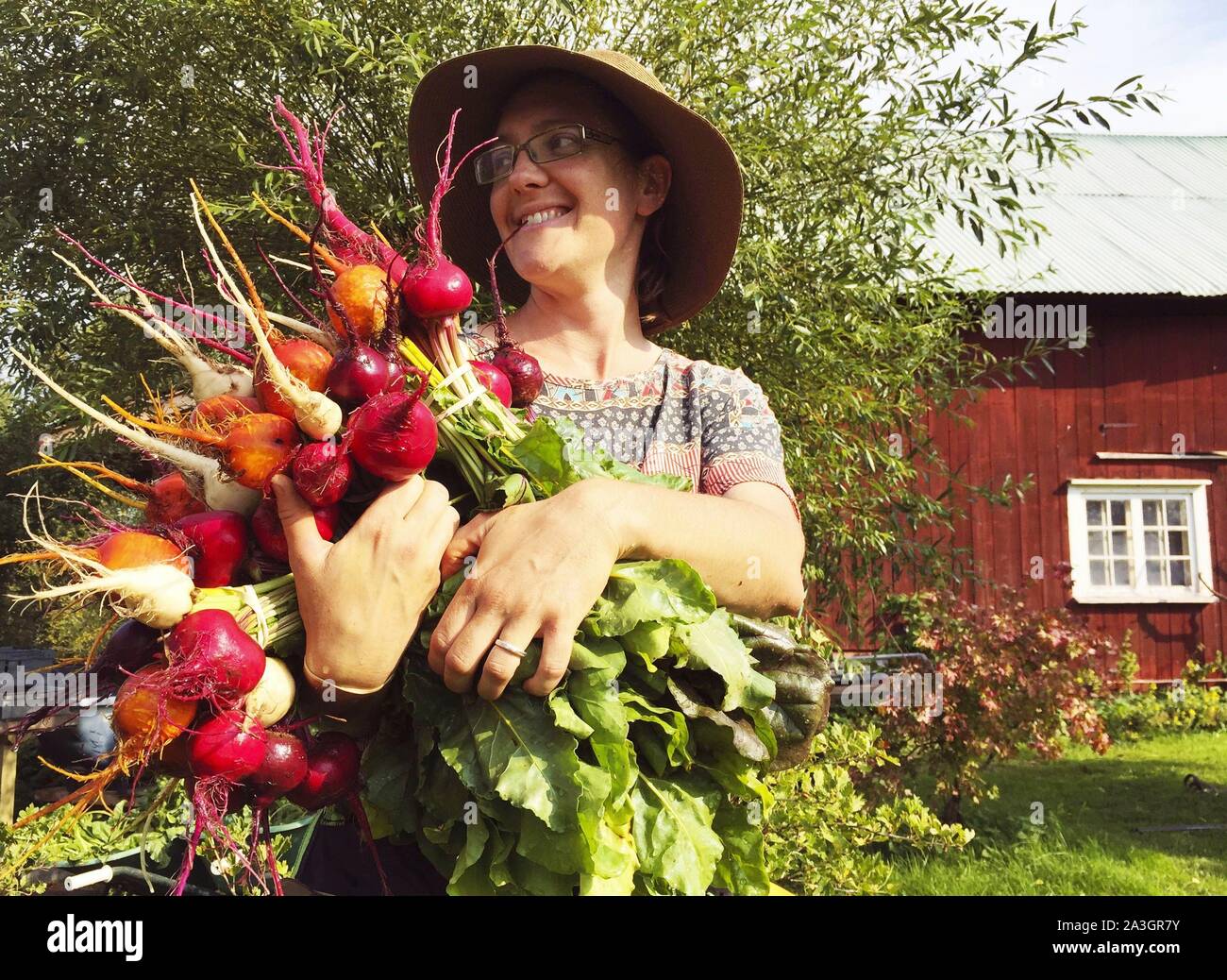 La Svezia, nella contea di Vastra Gotaland, Hokerum, Ulricehamn borgo, Rochat relazione familiare, di Sonia sorriso per il suo primo raccolto di rape Foto Stock
