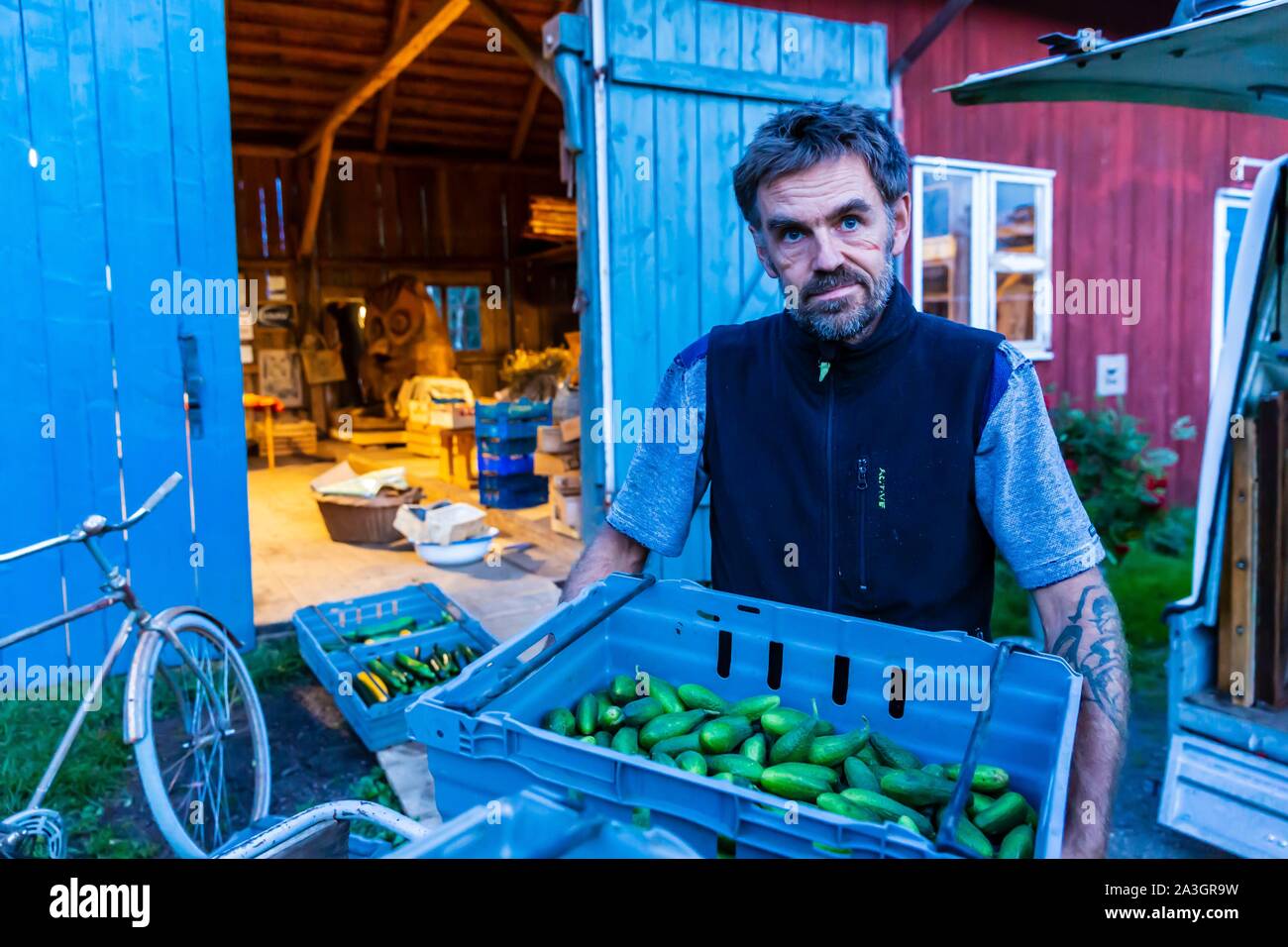 La Svezia, nella contea di Vastra Gotaland, Hokerum, Ulricehamn borgo, Rochat relazione familiare , Pierre preparare il mercato dopo un grande giorno Foto Stock