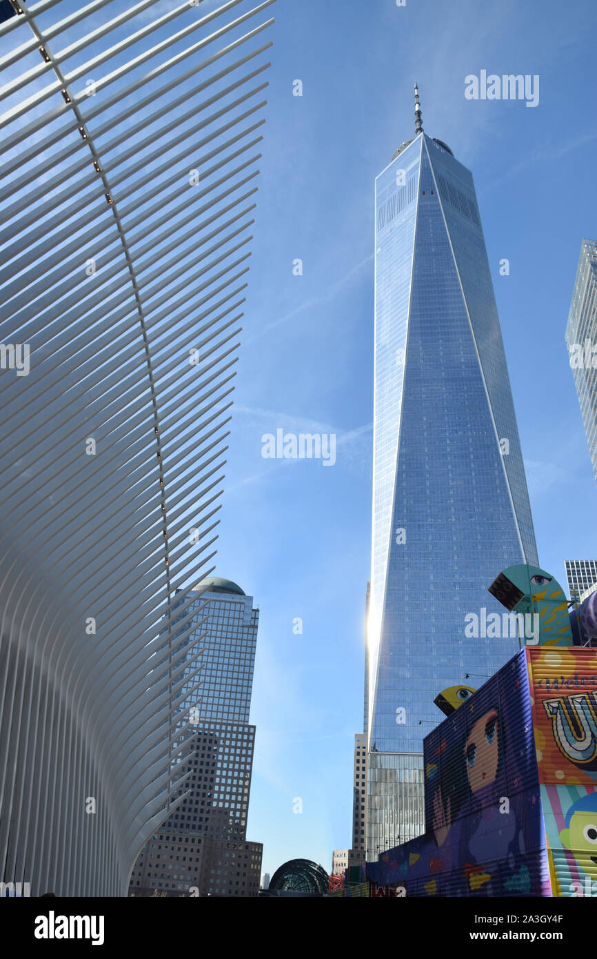 New York City, la parte inferiore di Manhattan, one world trade center, occhio, Memorial. Foto Stock