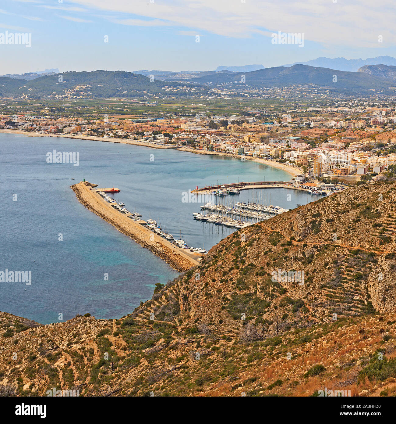 Vista verso Jåvea dal tappo di Sant Antoni sulla Costa Brava, Spagna Foto Stock