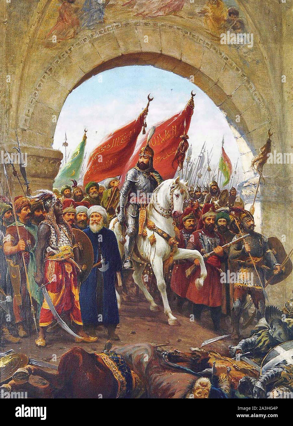 MEHMED II il conquistatore (1432-1481) sultano ottomano mostrato entrando in Costantinopoli nel 1453 come immaginato da artista italiano Fausto Zonaro Foto Stock