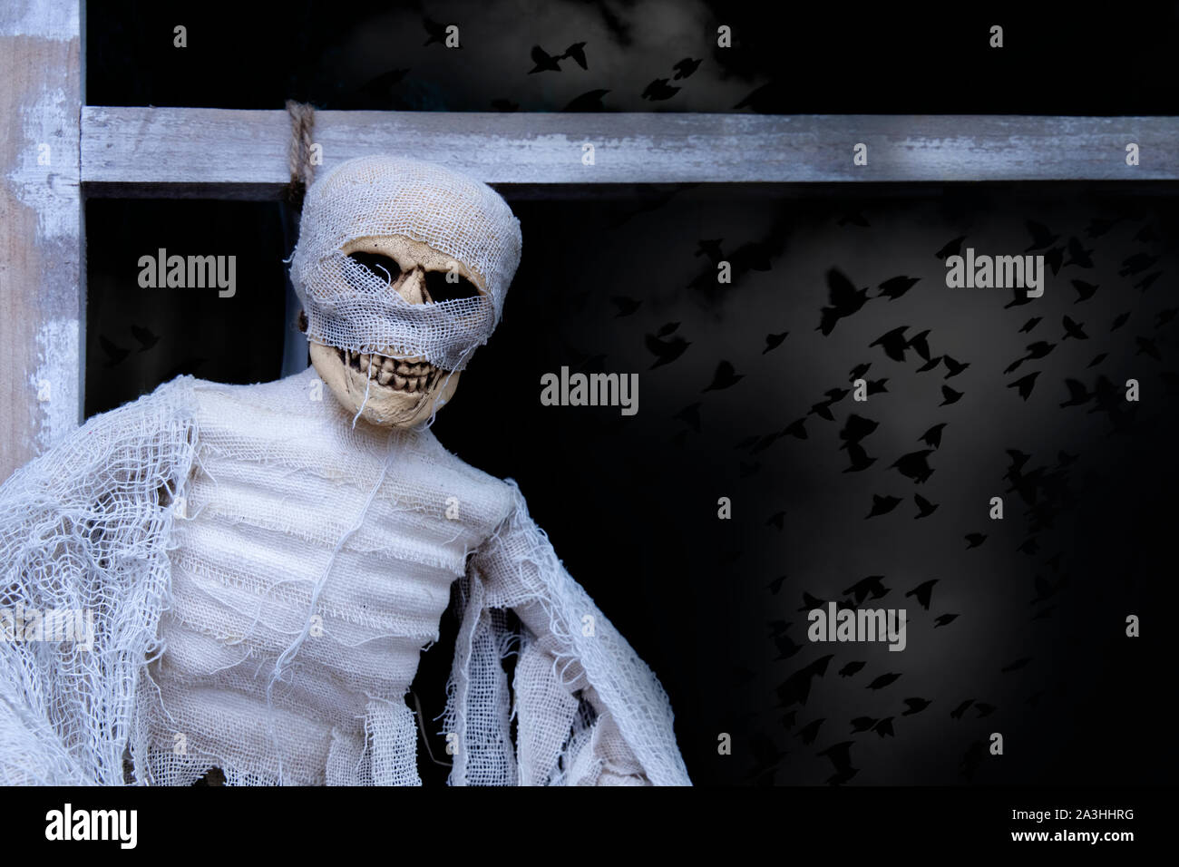 Terribile scheletro sul patibolo hangmans fune contro uno sfondo scuro con copia spazio per il vostro progetto di Halloween. Foto Stock