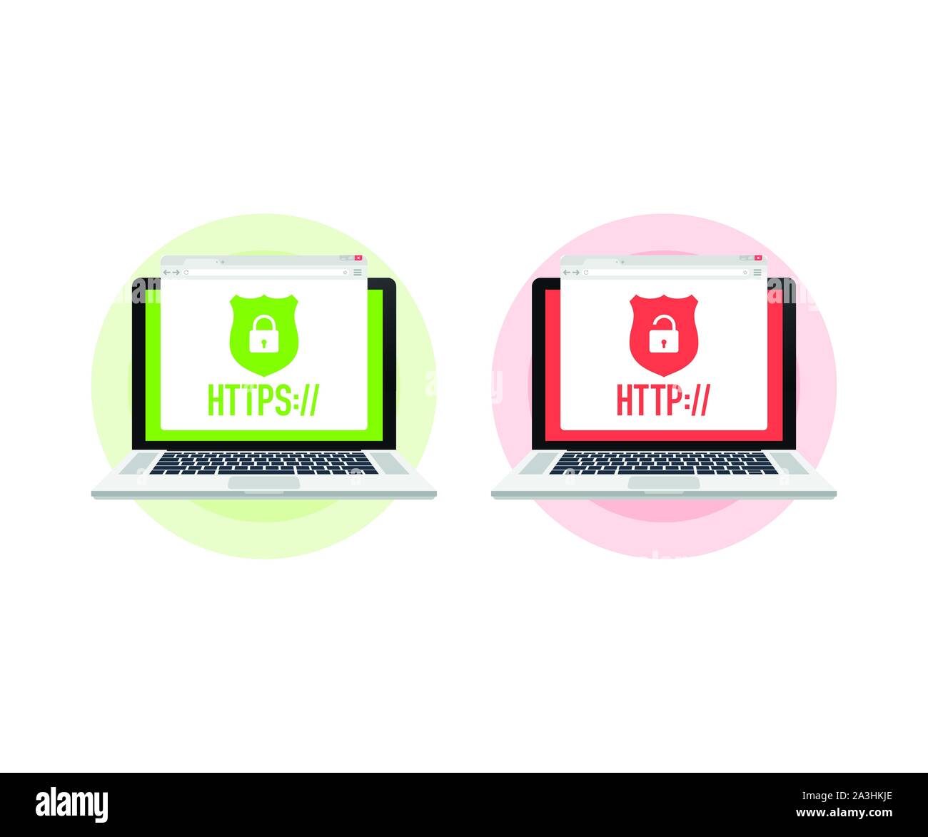 Http e https protocolli sulla protezione sul computer portatile, su sfondo bianco. Vettore illustrazione stock Illustrazione Vettoriale