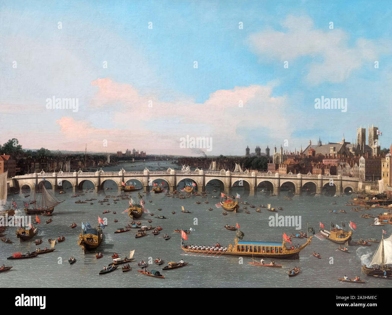 Westminster Bridge, con il Sindaco di processione sul Tamigi da Canaletto (Giovanni Antonio Canal - 1697-1768), olio su tela, c.1747 Foto Stock
