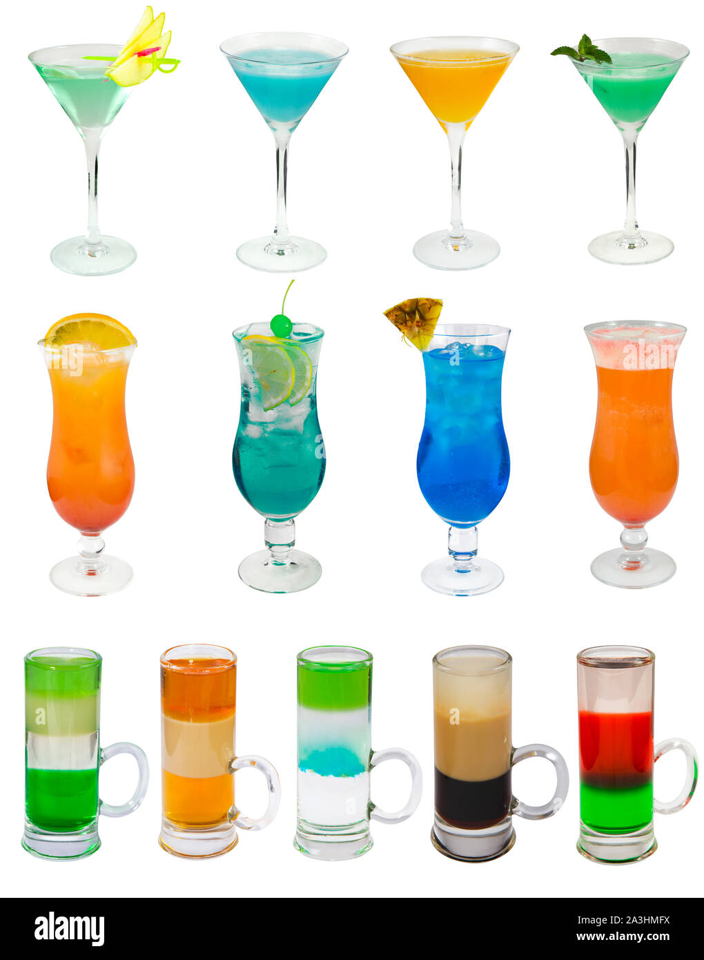 Diversi cocktail alcolico su bianco Foto Stock