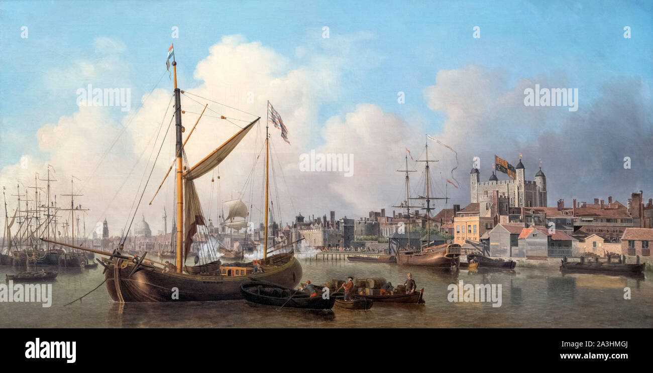 Londra nel 1700s. Il Tamigi e la Torre di Londra in teoria per il Compleanno del Re di Samuel Scott, (1701/2-1772), olio su tela, 1771 Foto Stock
