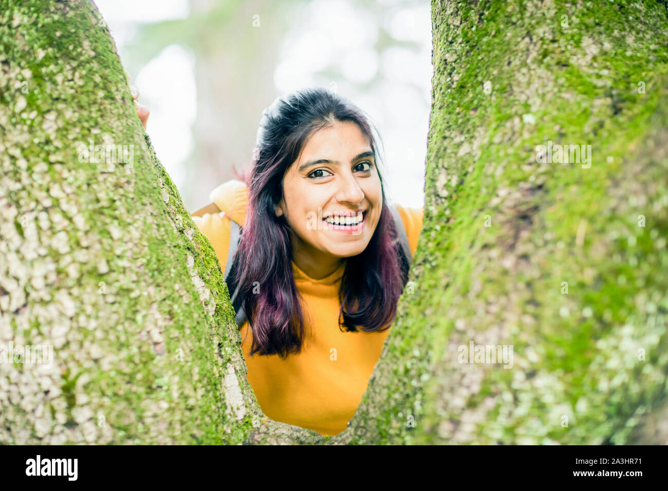 Giovane donna tra gli alberi Foto Stock
