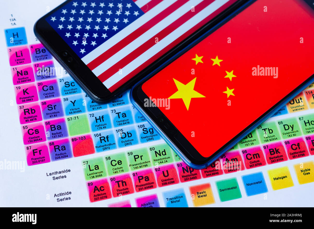 La foto di USA e Cina i flag su smartphone Huawei che si posa sulla tavola periodica attorno ai gruppi di terre rare minerali. Concettuale. Foto Stock