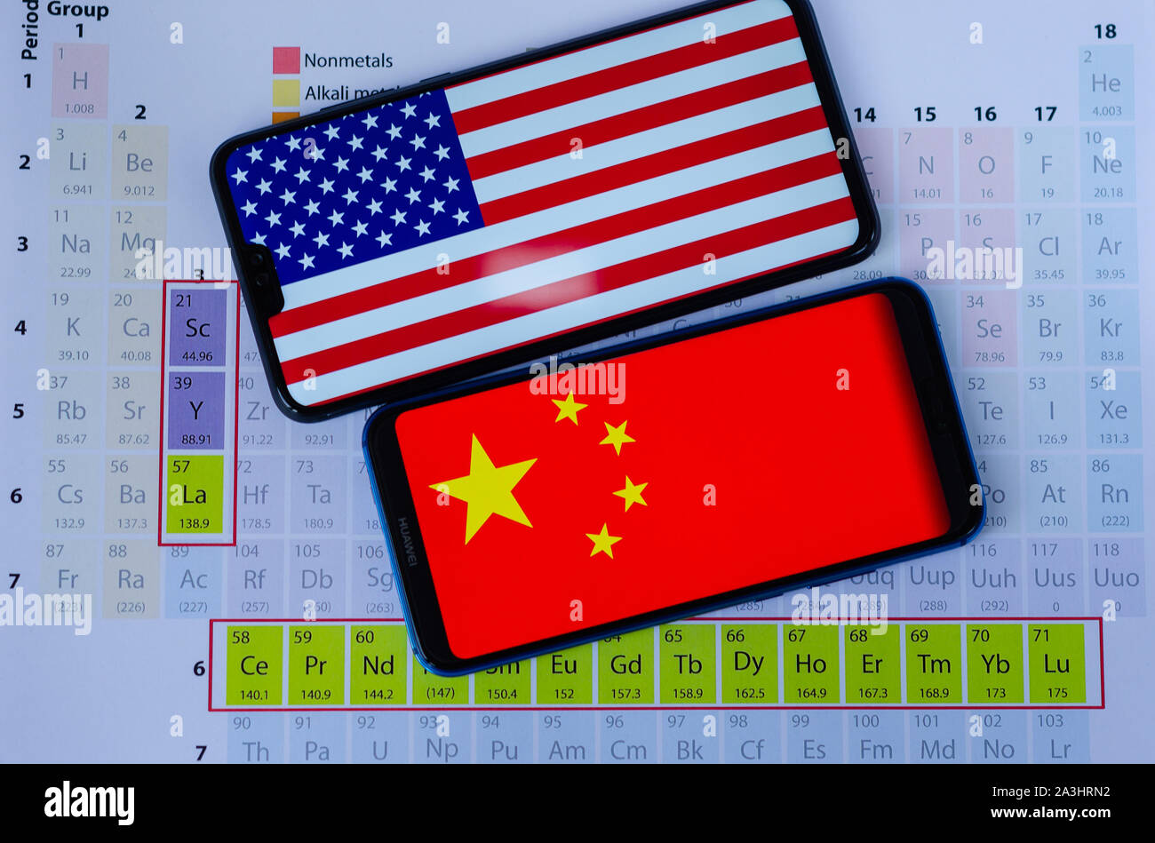 La foto di USA e Cina i flag su smartphone Huawei che si posa sulla tavola periodica attorno ai gruppi di terre rare minerali. Concettuale. Foto Stock