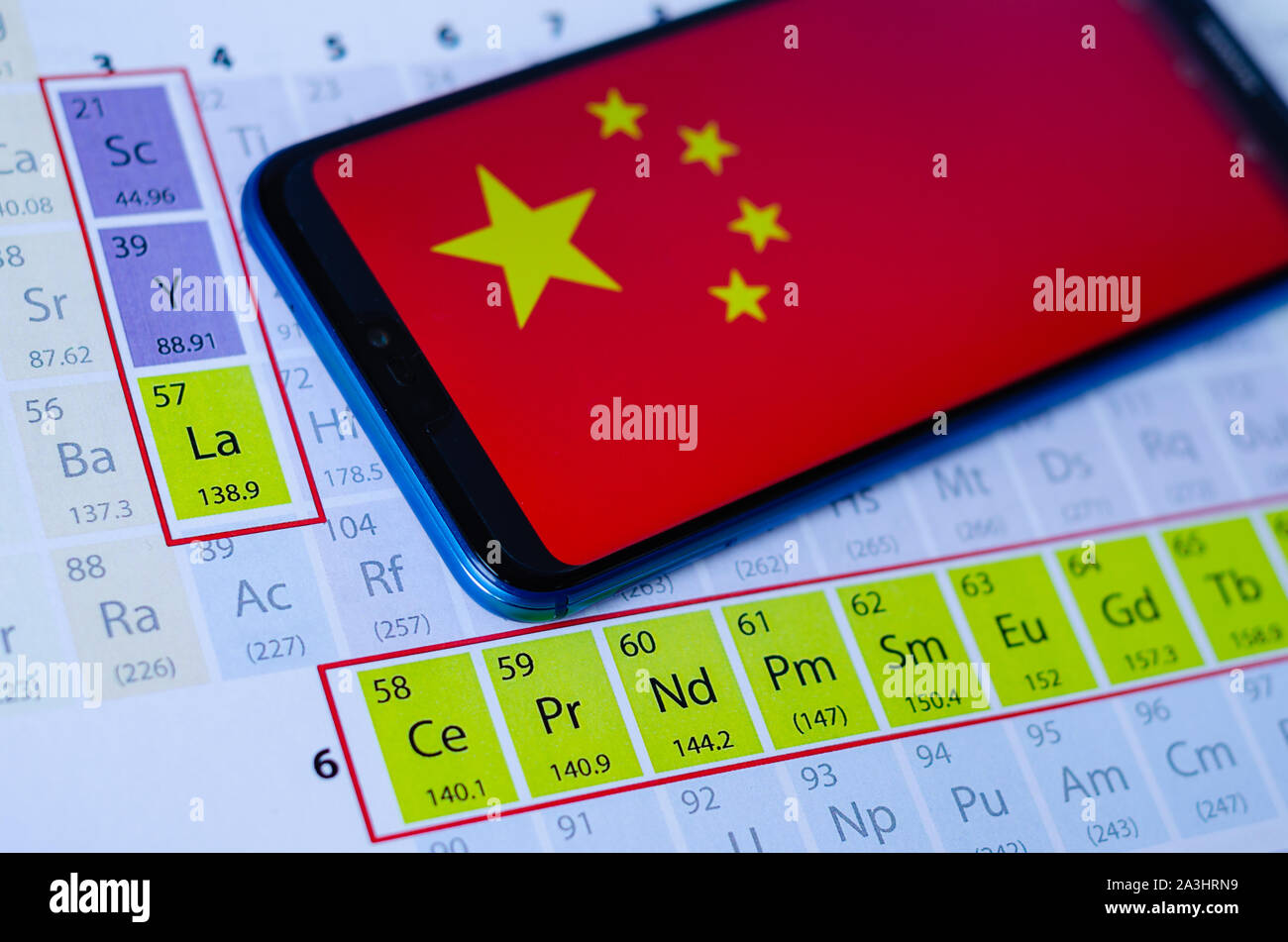 La foto della bandiera della Cina su Huawei smartphone che si posa sulla tavola periodica attorno ai gruppi di terre rare minerali. Concetto di guerra commerciale. Foto Stock