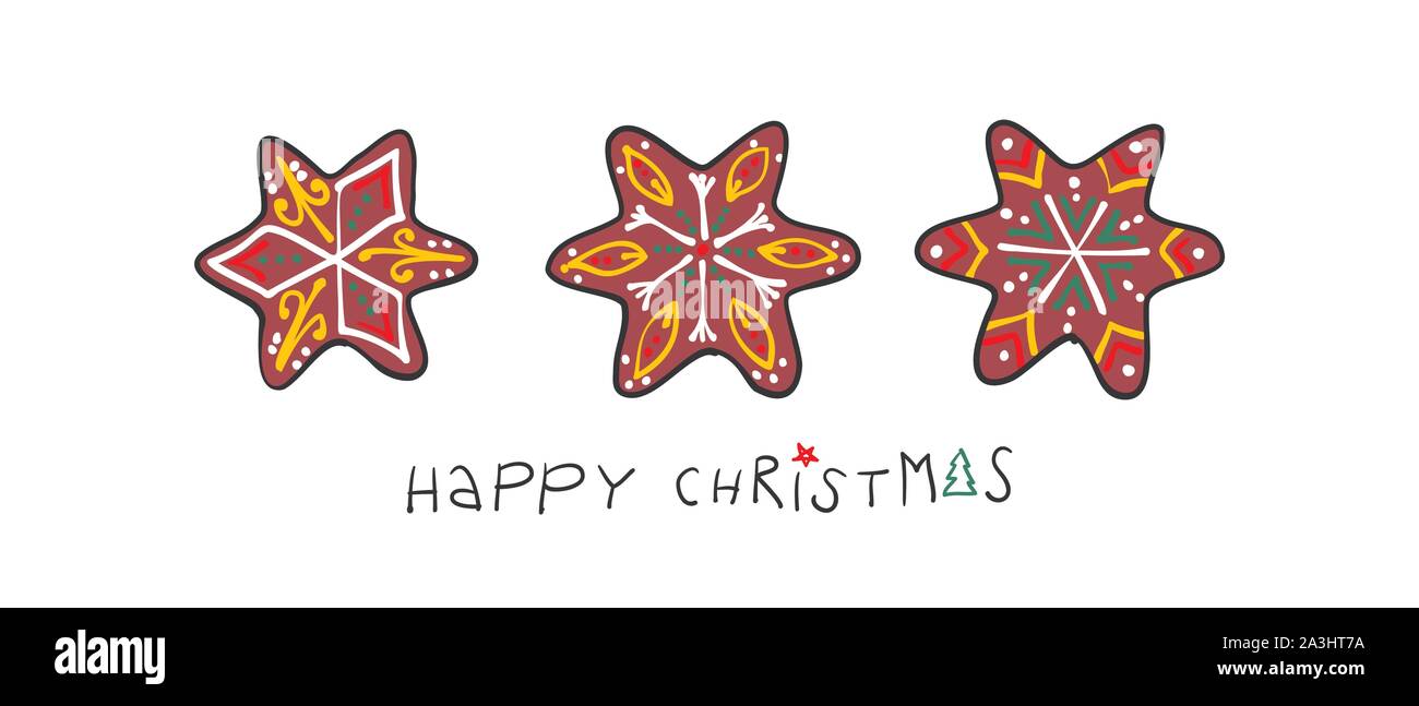 Scheda di Natale con pan di zenzero e disegnati a mano tipo felice Natale- decorativo per striscioni e carte e sfondi Illustrazione Vettoriale