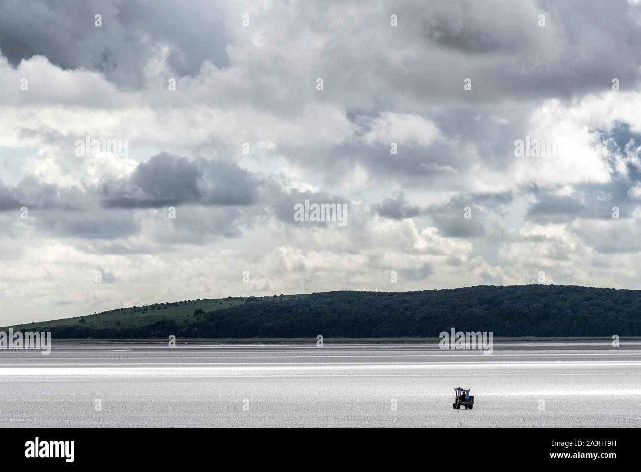 Trattore su Morecambe Bay. Foto Stock