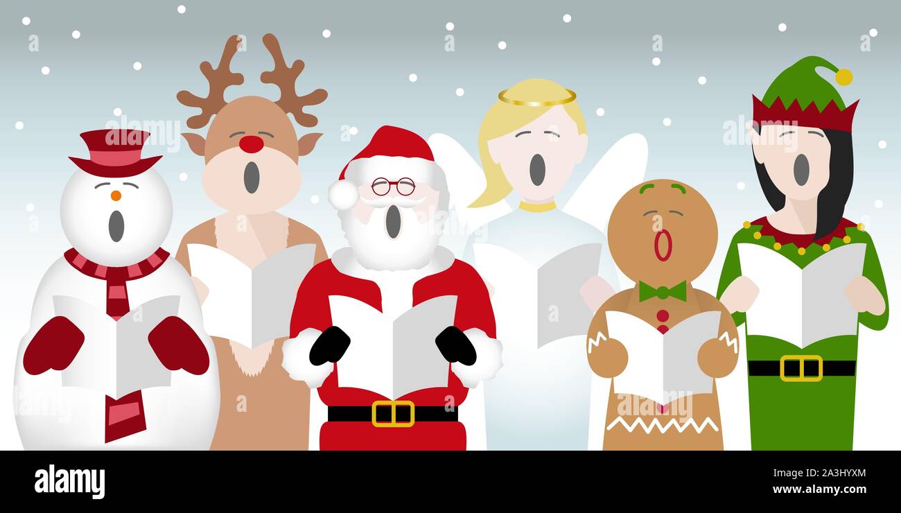 Coro costituito da un pupazzo di neve, Babbo Natale, Gingerbread Man, renne, Elf e fiabesca personaggi a cantare i canti natalizi nella neve Illustrazione Vettoriale