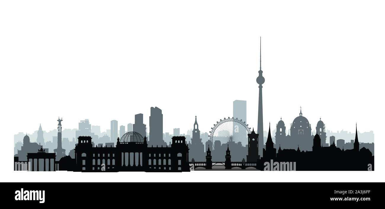 Berlino città edifici silhouette. Tedesco paesaggio urbano. Paesaggio urbano di Berlino con punti di riferimento. Viaggi Germania skyline background. Illustrazione Vettoriale