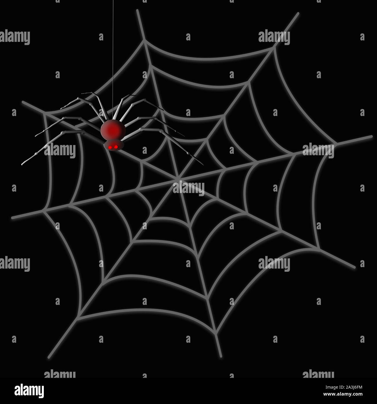 Immagine di Halloween di grandi scary ragno rosso con gli occhi luccicanti di fronte a grandi spider web. Isolat3de su sfondo nero. Foto Stock