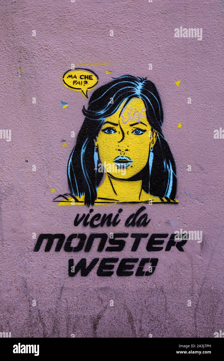 "Vieni da monster weed'. Stencil graffiti street art sulla parete nel quartiere di Trastevere a Roma, Italia. Foto Stock