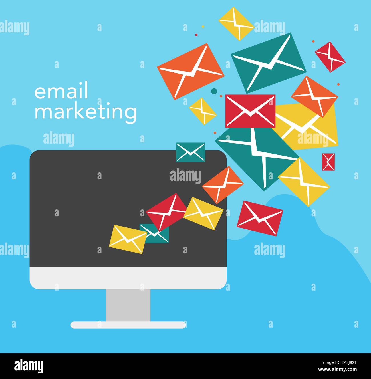 E-mail marketing concetto con un computer e battenti lettere da esso. Illustrazione Vettoriale