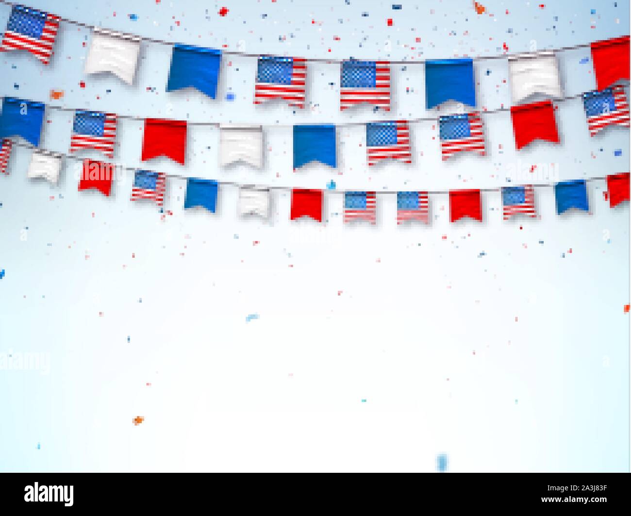 Ghirlande di bunting USA flag. Decorative simboli patriottica per festività nazionali in Stati Uniti d'America. Banner di vettore per celebrare Independenc Illustrazione Vettoriale
