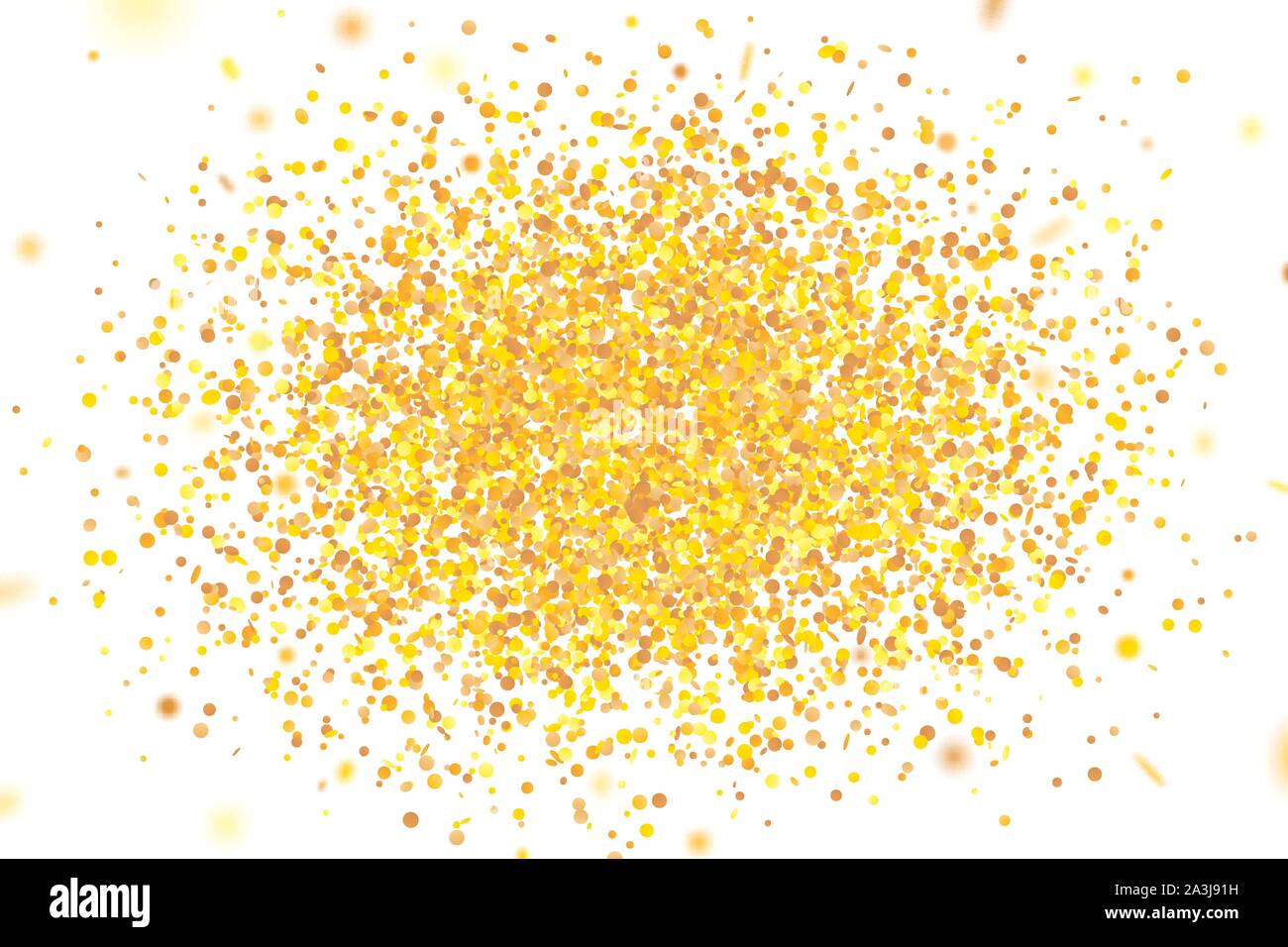 Golden coriandoli. La caduta casualmente glitter tinsel. Shiny turno isolato particelle su sfondo bianco. Vector celebration illustrazione per il carnevale, pa Illustrazione Vettoriale