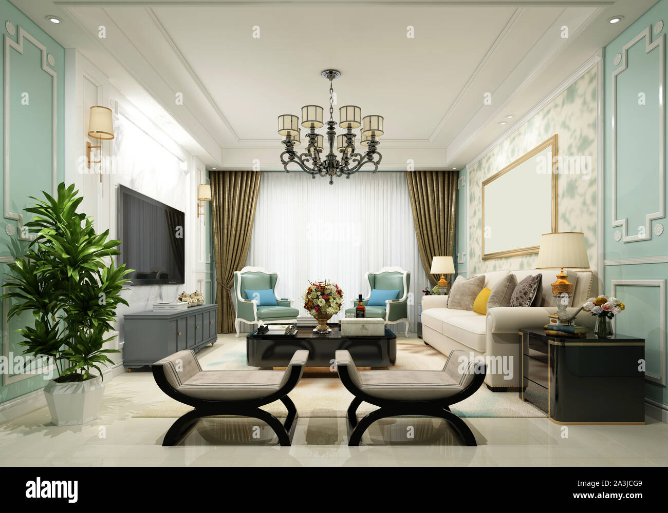 3D render di neo classico soggiorno Foto Stock