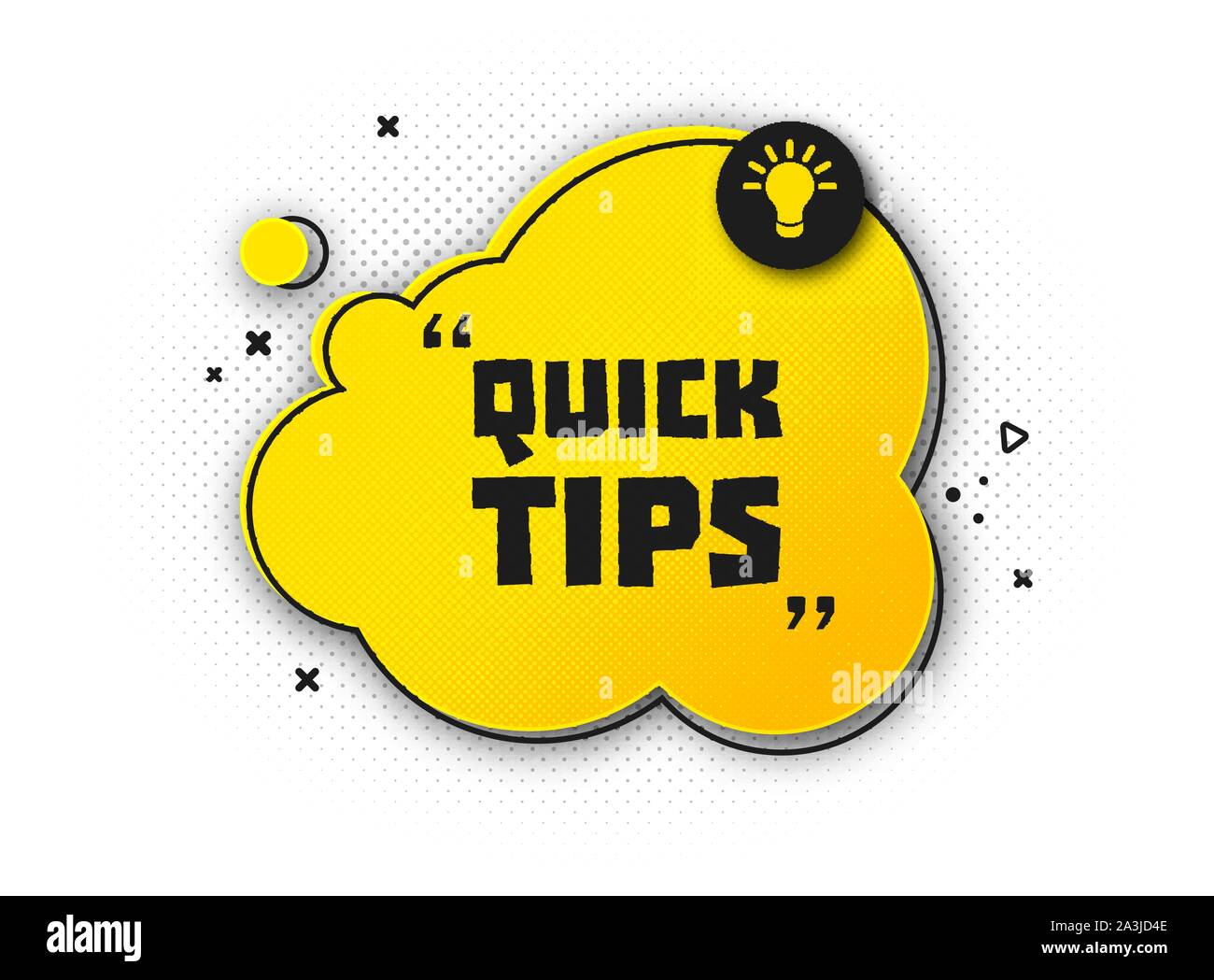 Discorso bolla con punta rapida. Utili trucchi con informazioni utili per il sito web o il tuo blog post. Nero - banner giallo con testo e preventivo. Icona del vettore Illustrazione Vettoriale