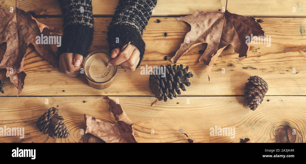 Donna mani tenendo una tazza di tè caldo su un di legno autunno sfondo con caduta di foglie e di pino coni. Vista dall'alto. Drink di riscaldamento in autunno freddo giorni Foto Stock