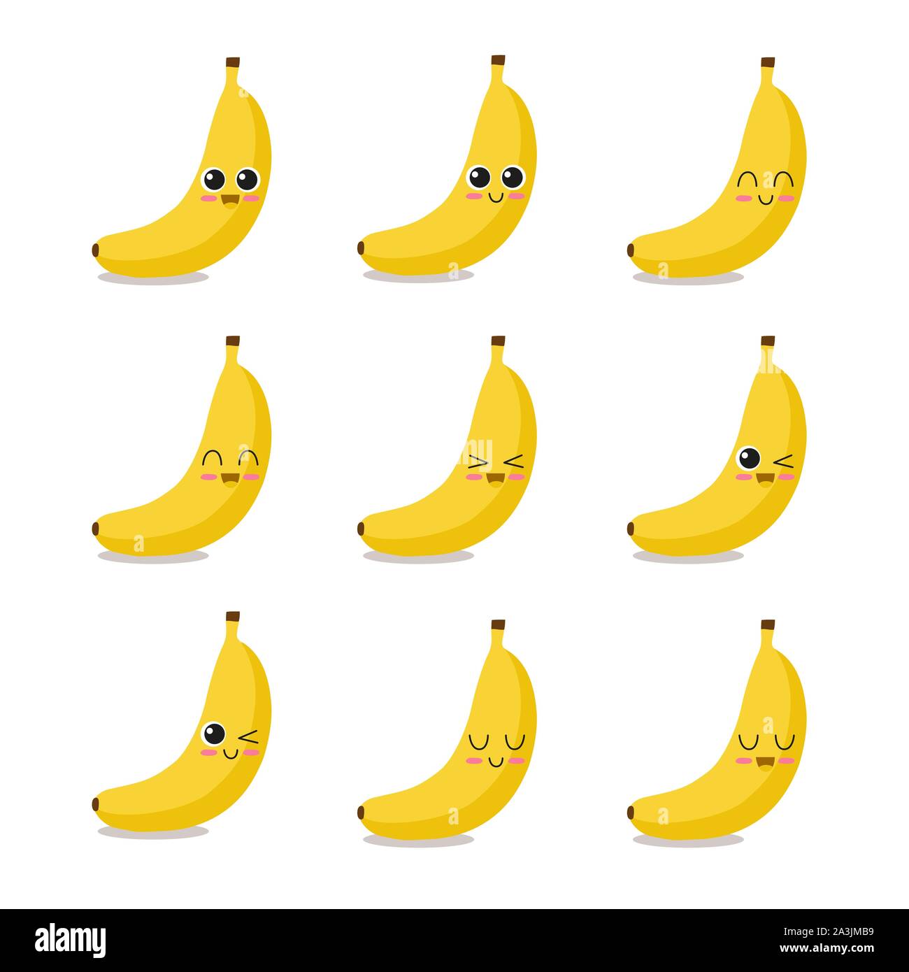 Carino, divertente e felice banana impostano il carattere. Frutti illustrazione vettoriale Illustrazione Vettoriale