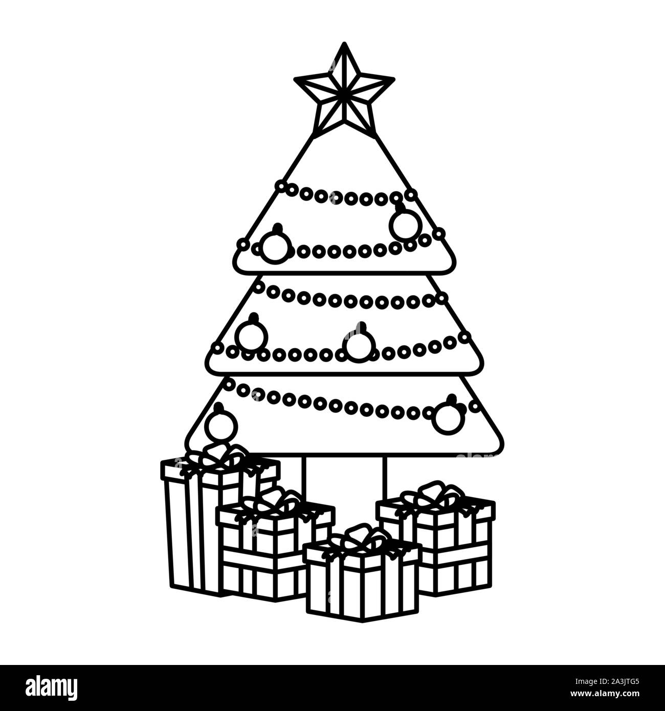 Buon Natale pino con colori luci e doni Illustrazione Vettoriale