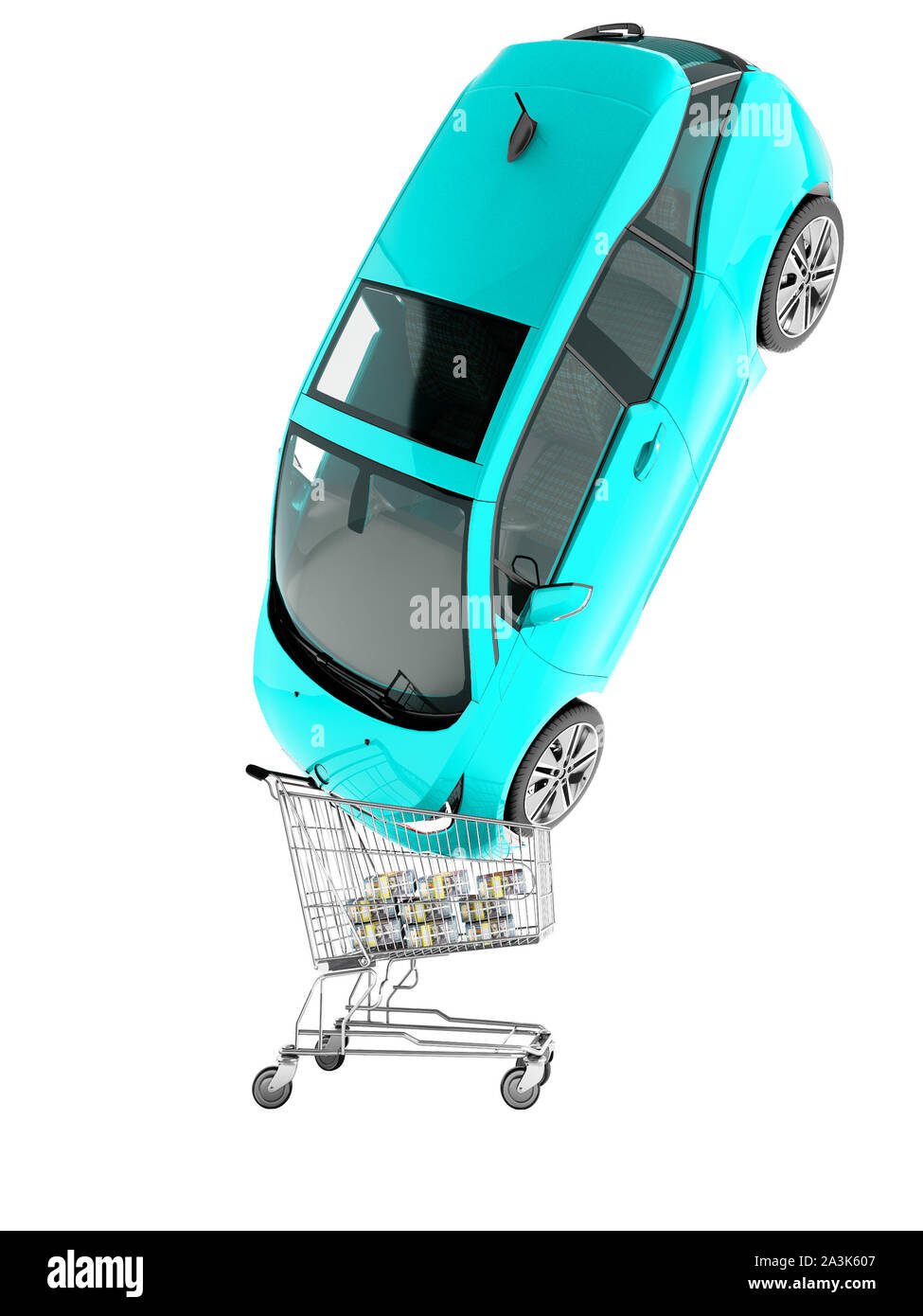 Moderna blu vendita auto elettrica nel carrello per denaro 3D render su sfondo bianco senza ombra Foto Stock