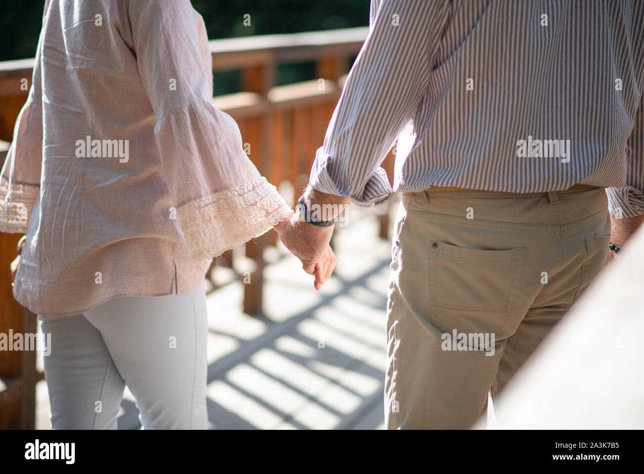 CLose up del marito e della moglie tenendo le mani insieme mentre si cammina Foto Stock