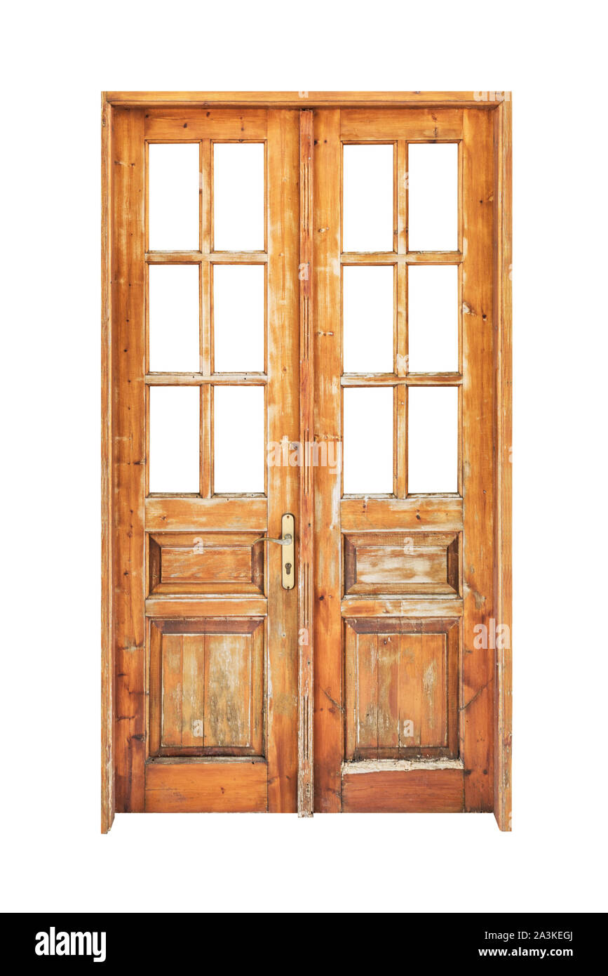 Vecchio di legno porta doppia isolata su sfondo bianco Foto Stock Vecchio di legno porta doppia isolata su sfondo bianco Foto Stock