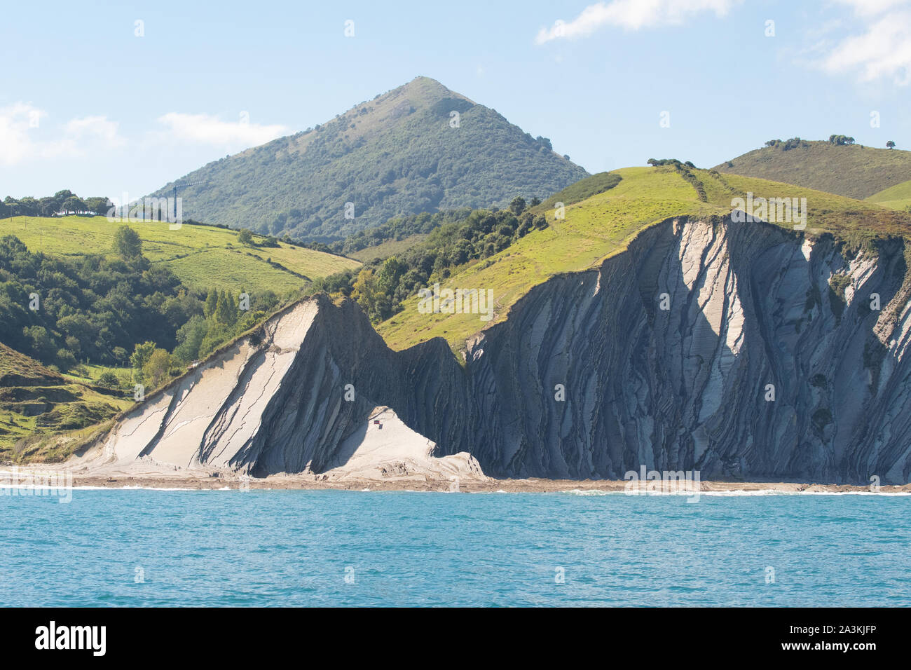 Le scogliere di flysch in Zumaia, parte della costa basca geoparco UNESCO nei Paesi baschi Spagna settentrionale Foto Stock