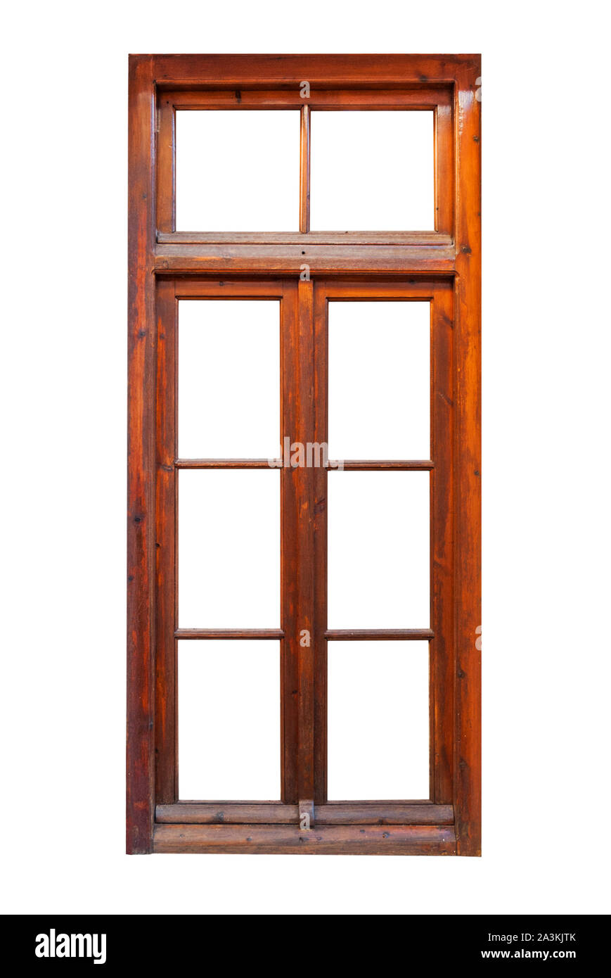 Il telaio di una finestra in legno isolato su sfondo bianco Foto Stock
