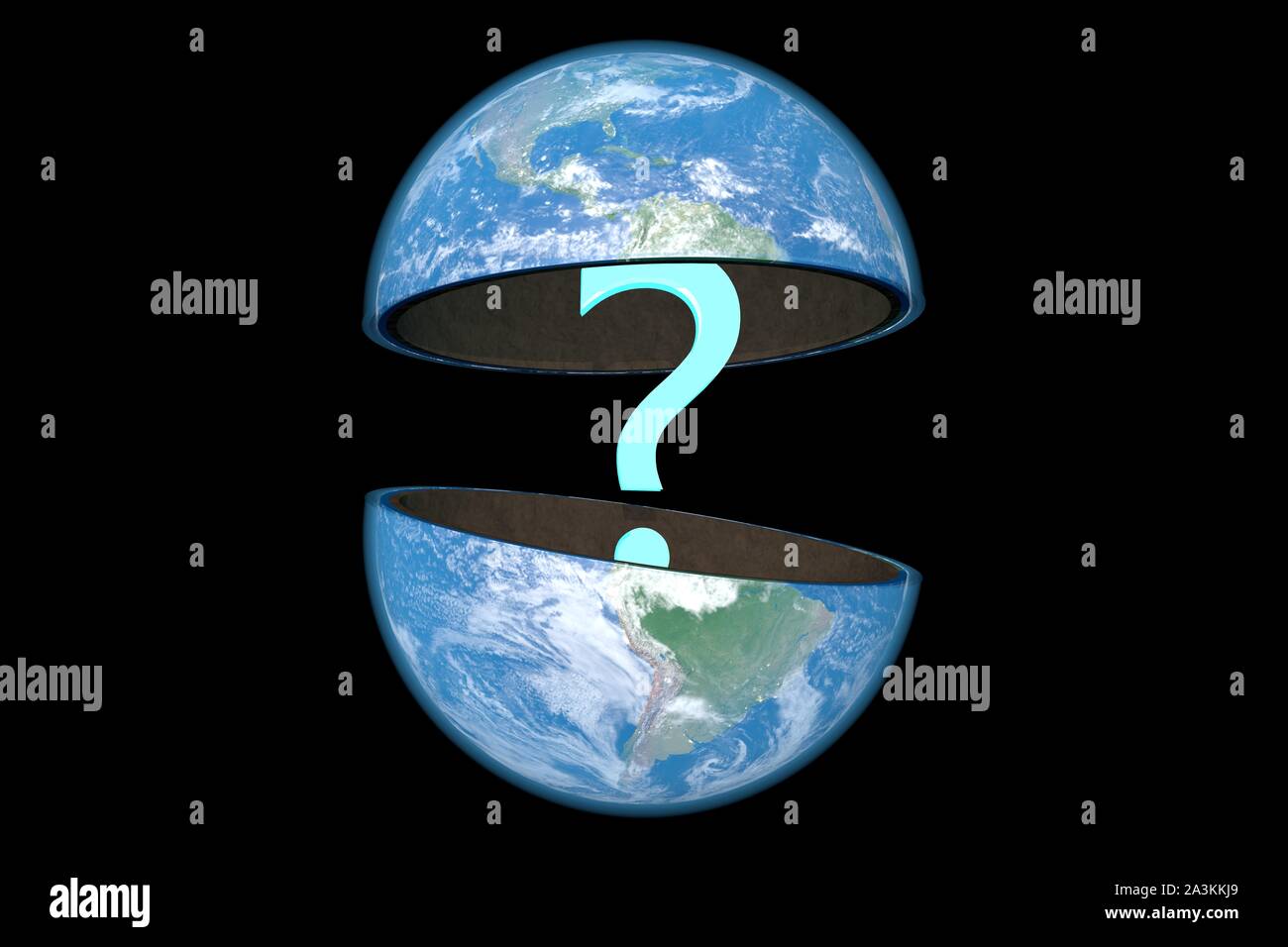 3D immagine: pianeta terra con un bagliore blu è diviso in due metà con un punto interrogativo all'interno. Sfondo nero isolato. Foto Stock