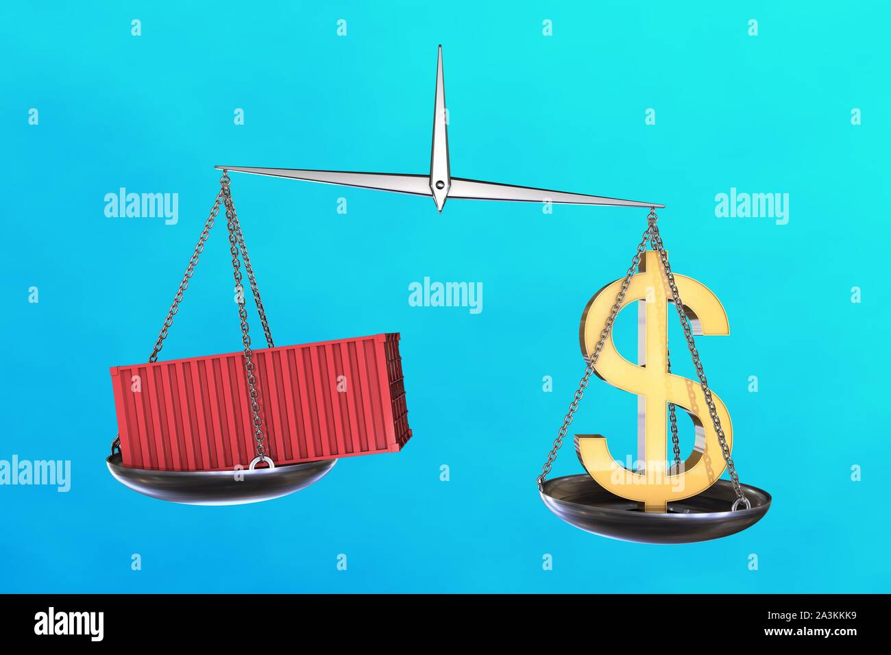 3D immagine: scale vintage in disbalance con il rosso contenitore di carico su un lato e un segno di dollaro sull'altro. Blu su sfondo azzurro. Foto Stock