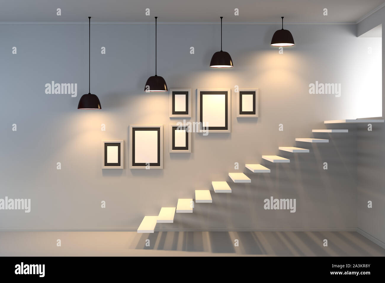 Arredamento moderno - bianco parete scalinata e luci - 3d illustrazione Foto Stock