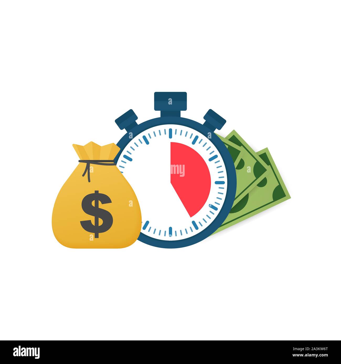 Credito rapido. Orologio e sacchetto, il tempo è denaro, prestito veloce, periodo di pagamento, conto di risparmio. Vettore illustrazione stock. Illustrazione Vettoriale