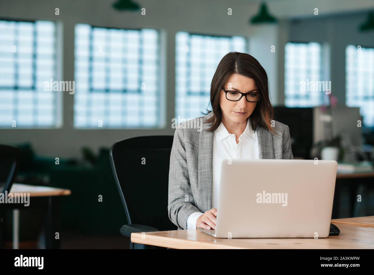 Focalizzato imprenditrice lavorando sul suo computer portatile in un ufficio Foto Stock