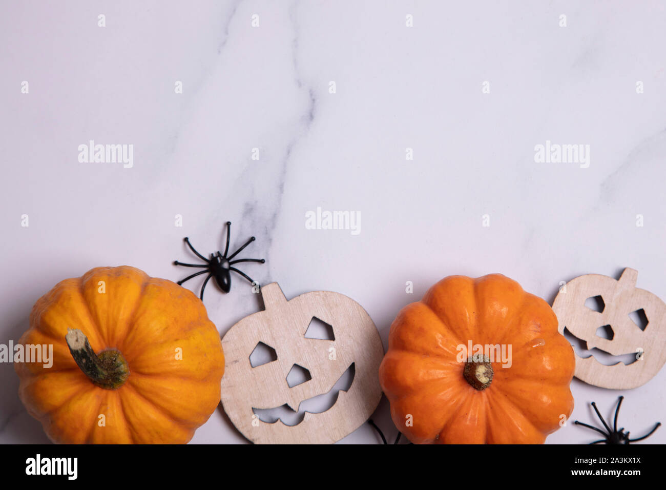 Composizione di halloween. Zucche e ragni su sfondo marmo. laici piatta Foto Stock
