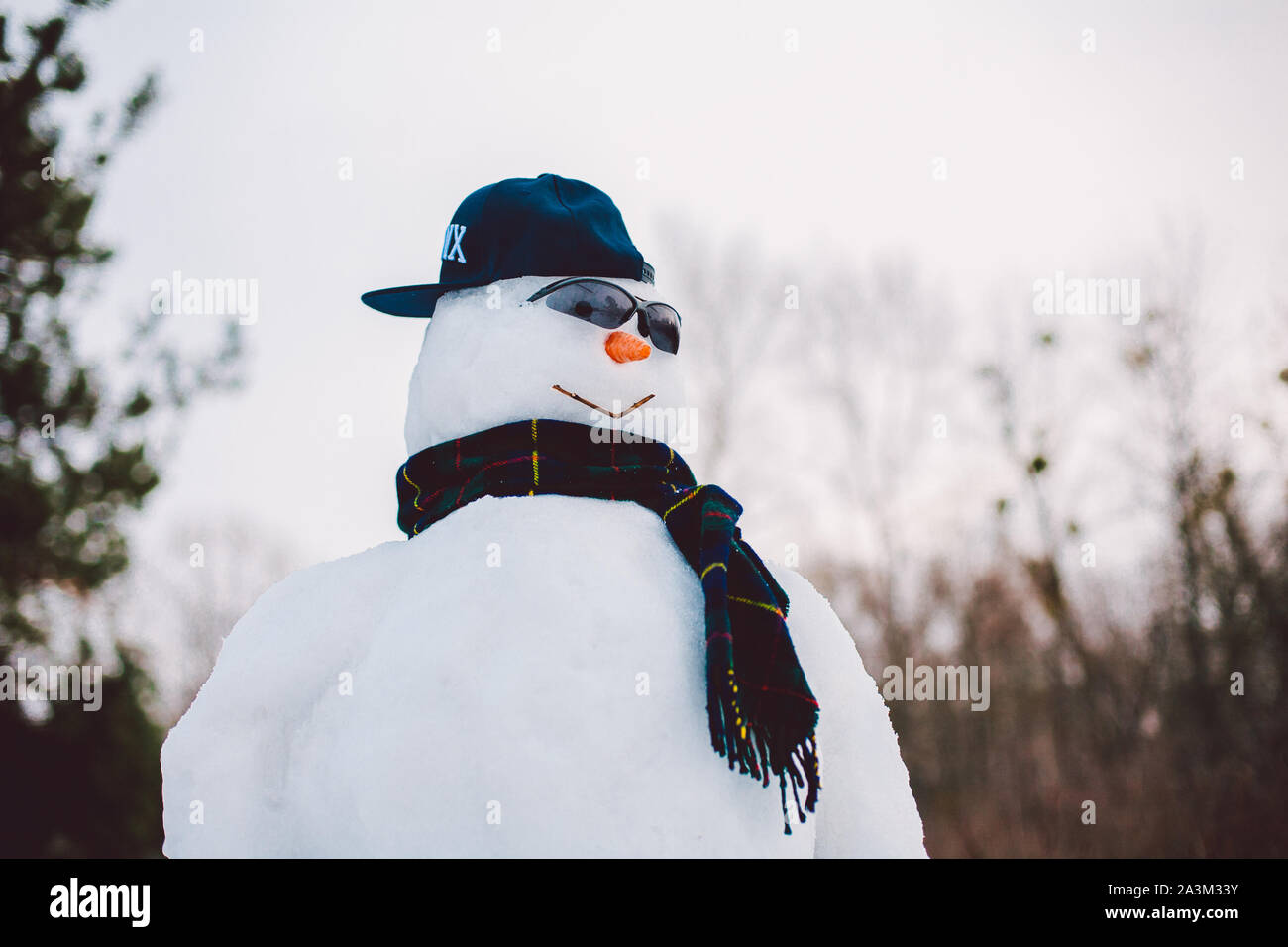 Ritratto di felice pupazzo di neve indossando sciarpa e occhiali da sole mentre godendo le vacanze invernali Foto Stock