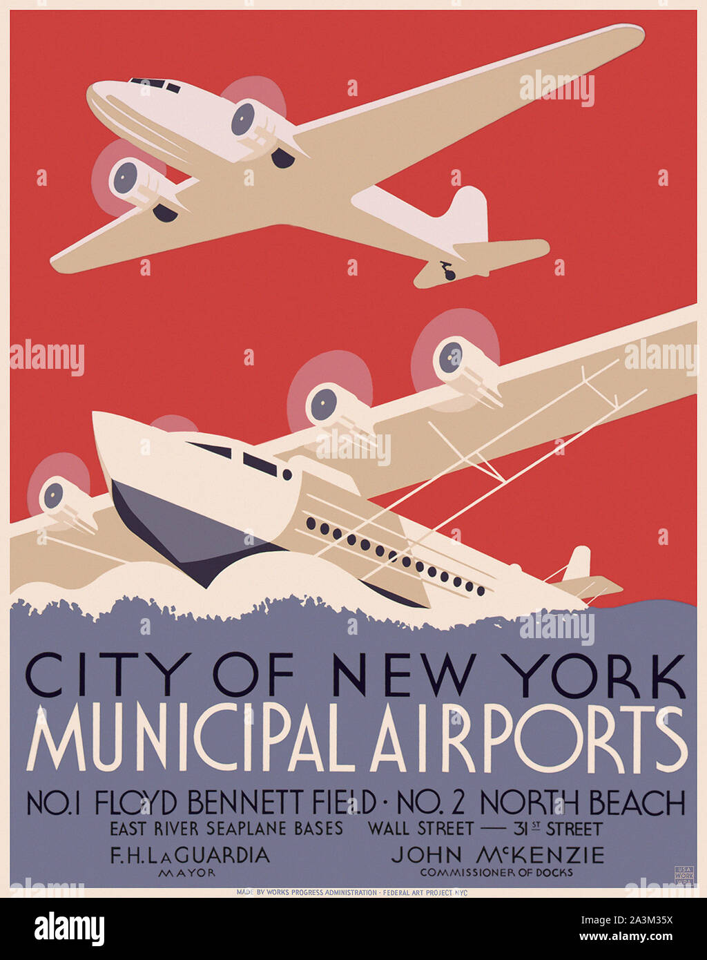 New York City municipal aeroporti - progressi di lavoro Amministrazione - progetto federale di Arte - poster Vintage 1937 Foto Stock