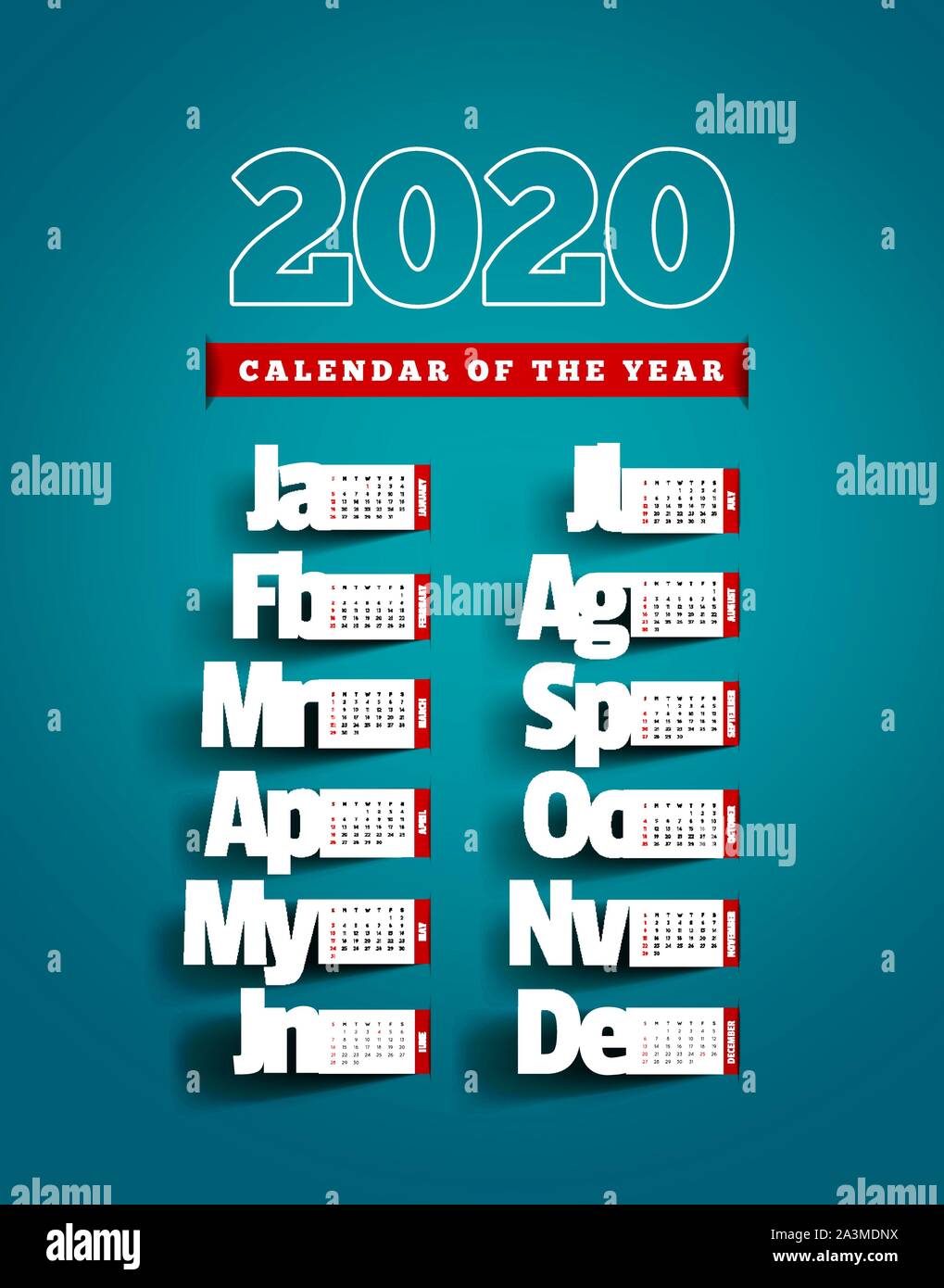 Carta tagliata calendario con ombra. Annualmente 2020 Calendario vettoriale su sfondo blu Illustrazione Vettoriale