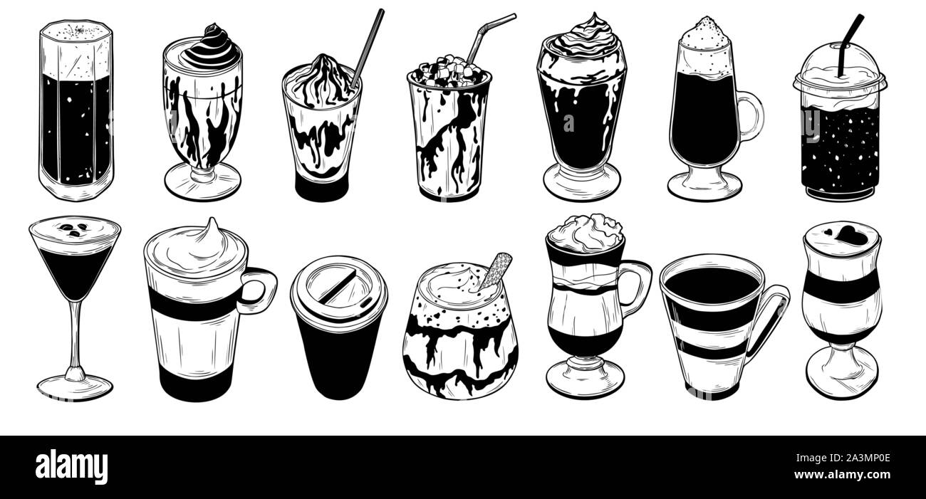 Set di diversi cocktail di caffè isolato su sfondo bianco. Illustrazione Vettoriale Illustrazione Vettoriale