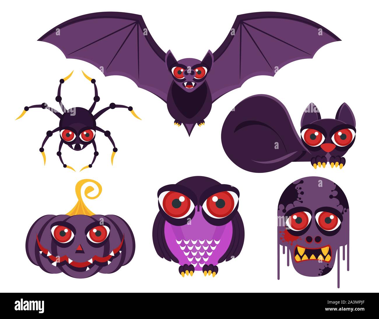 Terribile animale viola vampiri con grandi occhi rossi. Illustrazione Vettoriale