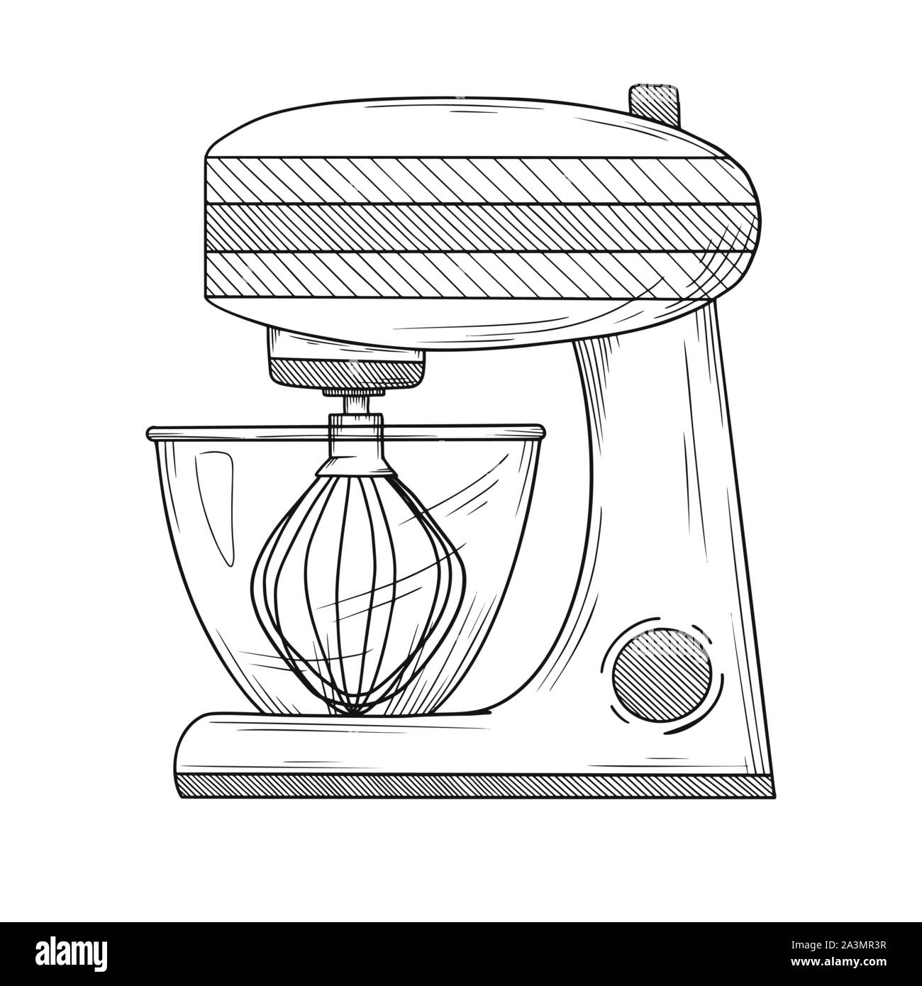 Robot da cucina con ugelli diversi isolati su sfondo bianco. Illustrazione Vettoriale in stile di disegno Illustrazione Vettoriale