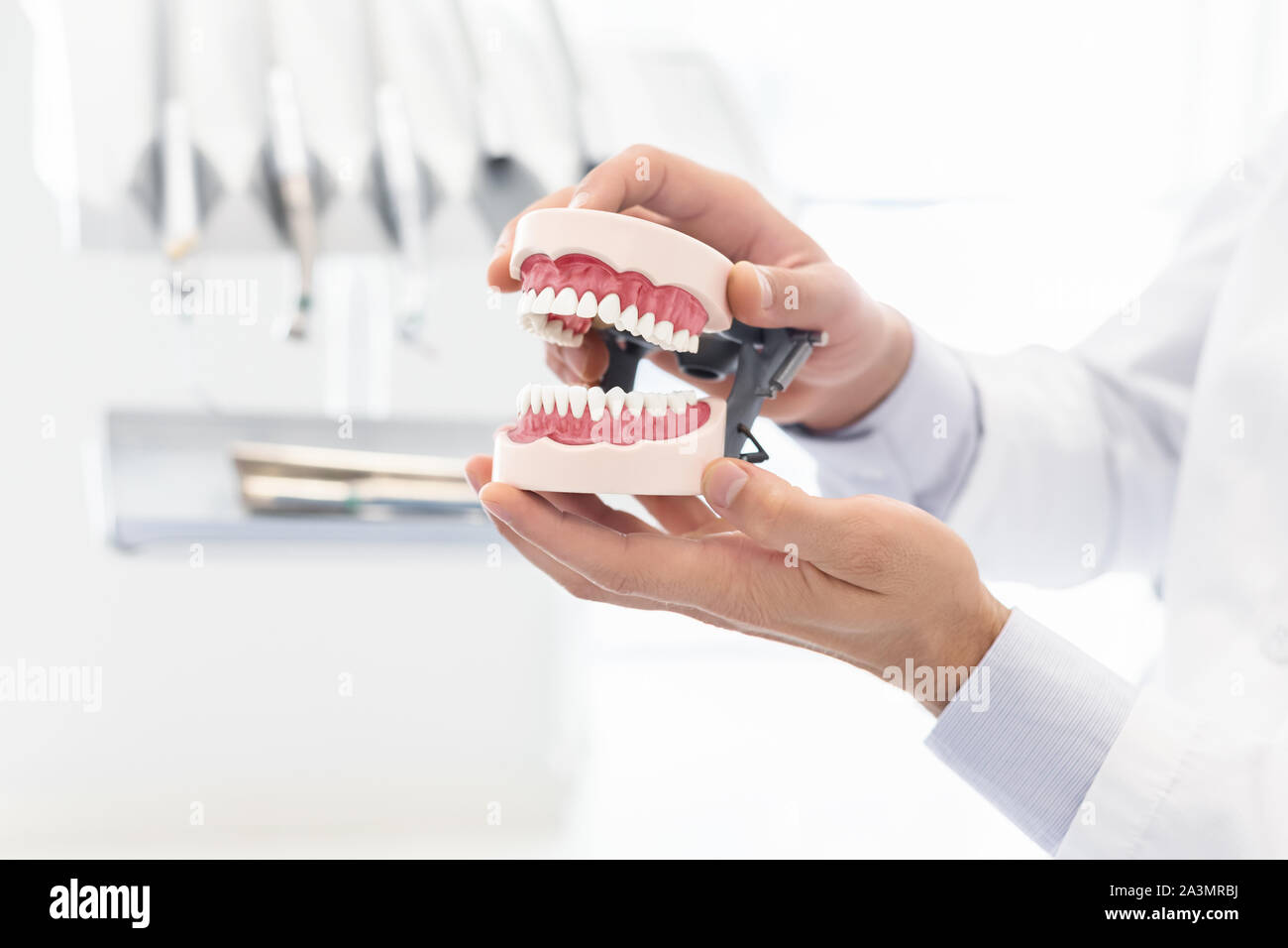 Le mani del dentista che mostra in plastica modello di ganascia Foto Stock