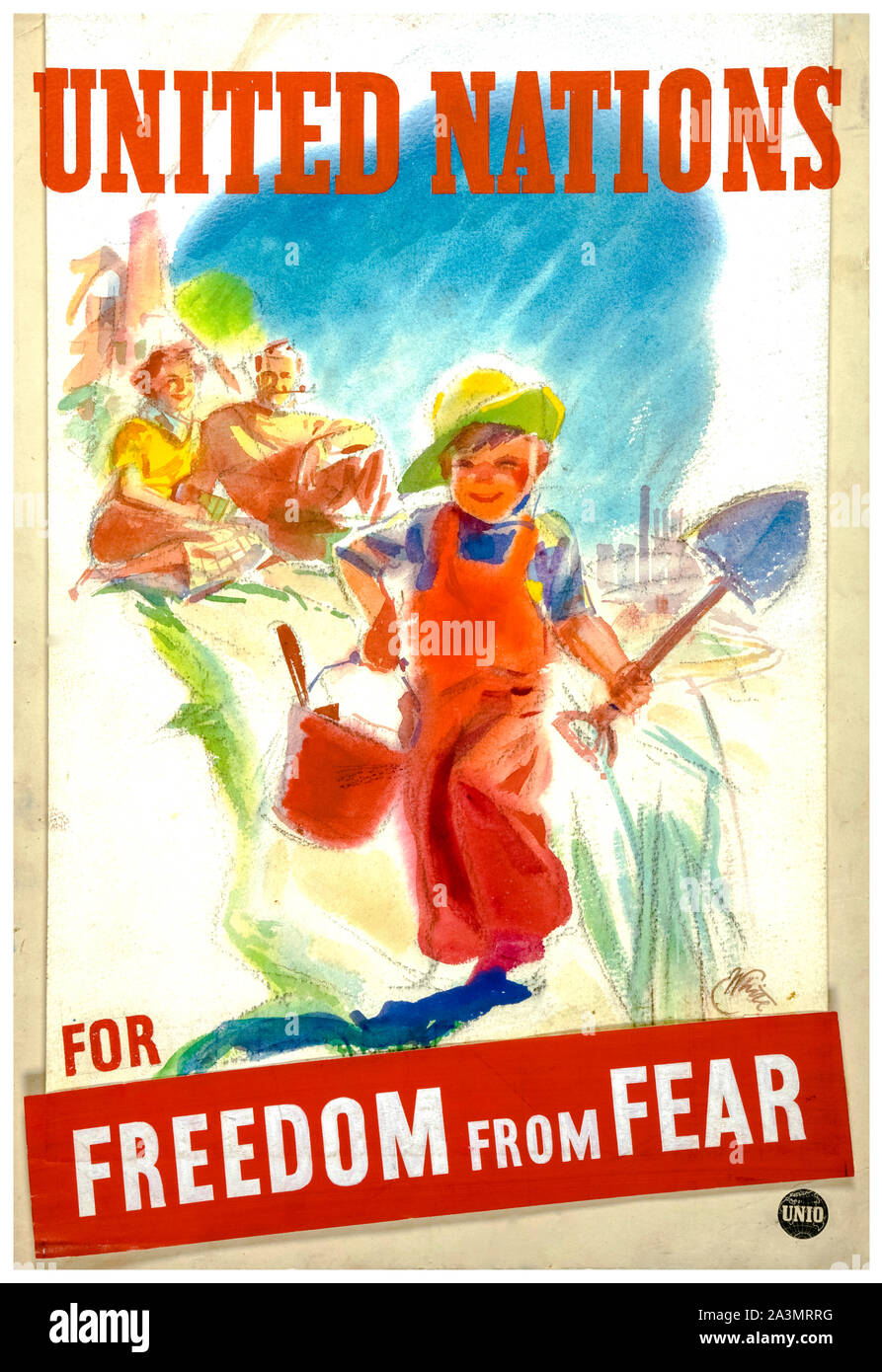 British, WW2, l'unità di resistenza, Inter-allied co-operazione, Organizzazione delle Nazioni Unite per la libertà dalla paura, (bambini che giocano con i genitori), poster, 1939-1946 Foto Stock