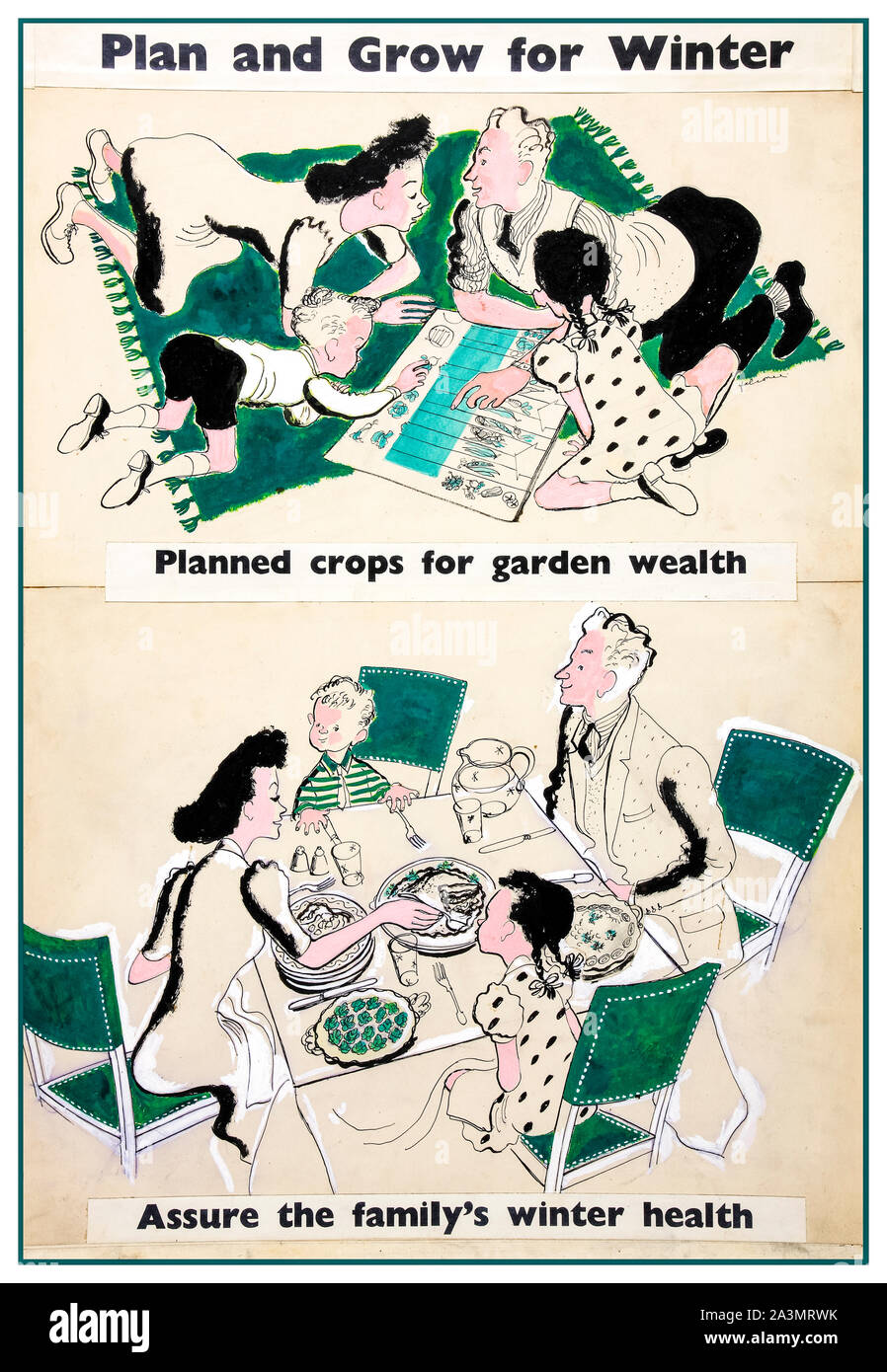 British, WW2, la produzione alimentare poster, piano e crescere per l'inverno, colture previste per la ricchezza del giardino, assicurare la famiglia invernale della salute, 1939-1946 Foto Stock