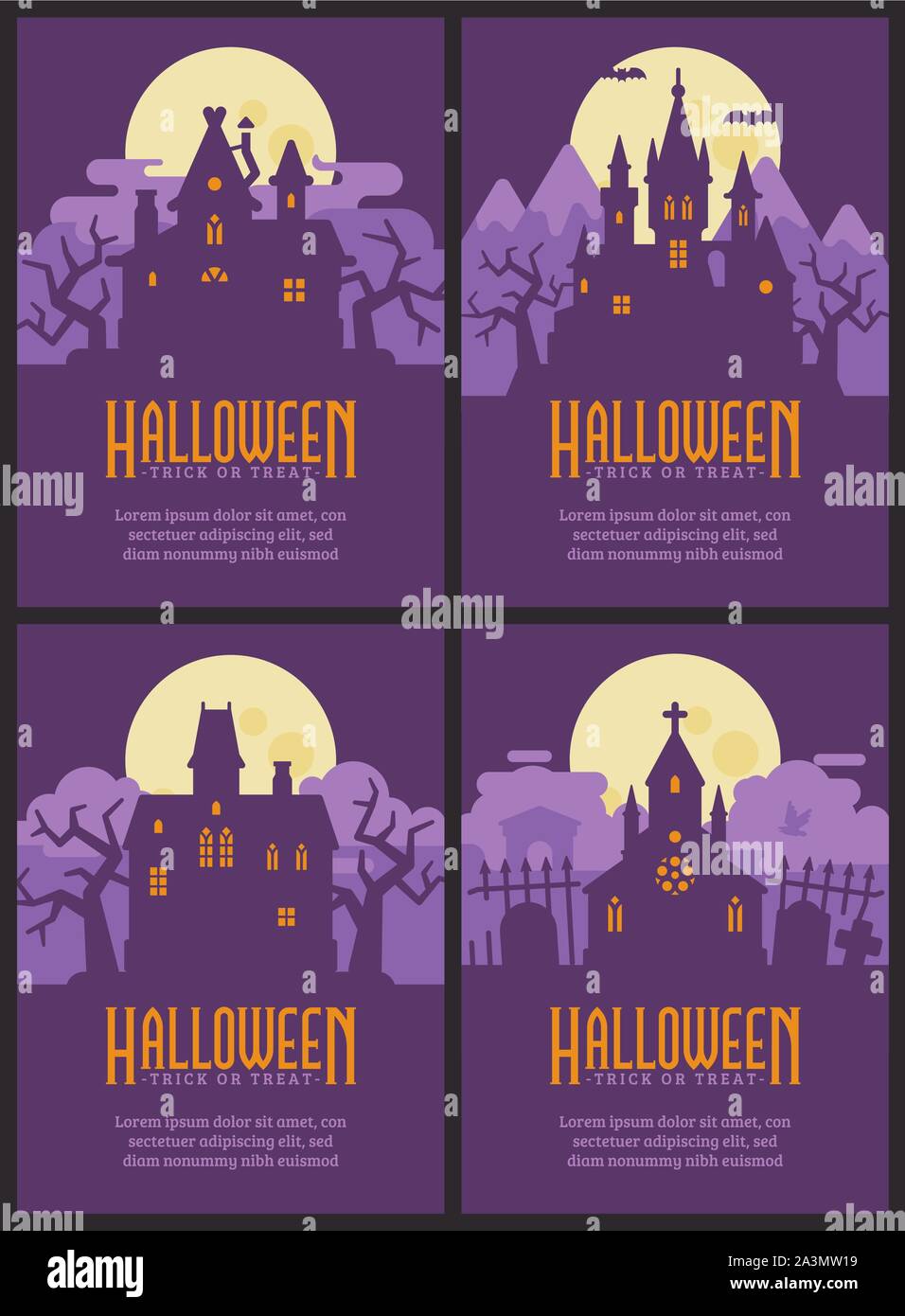 Quattro volantini con case di Halloween. Capanna della strega, Vampire castello, Haunted House e la cappella del cimitero. Spooky Halloween poster Illustrazione Vettoriale